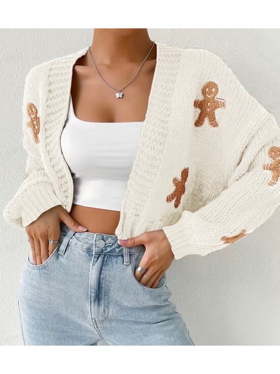 SHEIN Sweaters - Women's white Long-Sleeve Cardigan Sweater with gingerbread men.